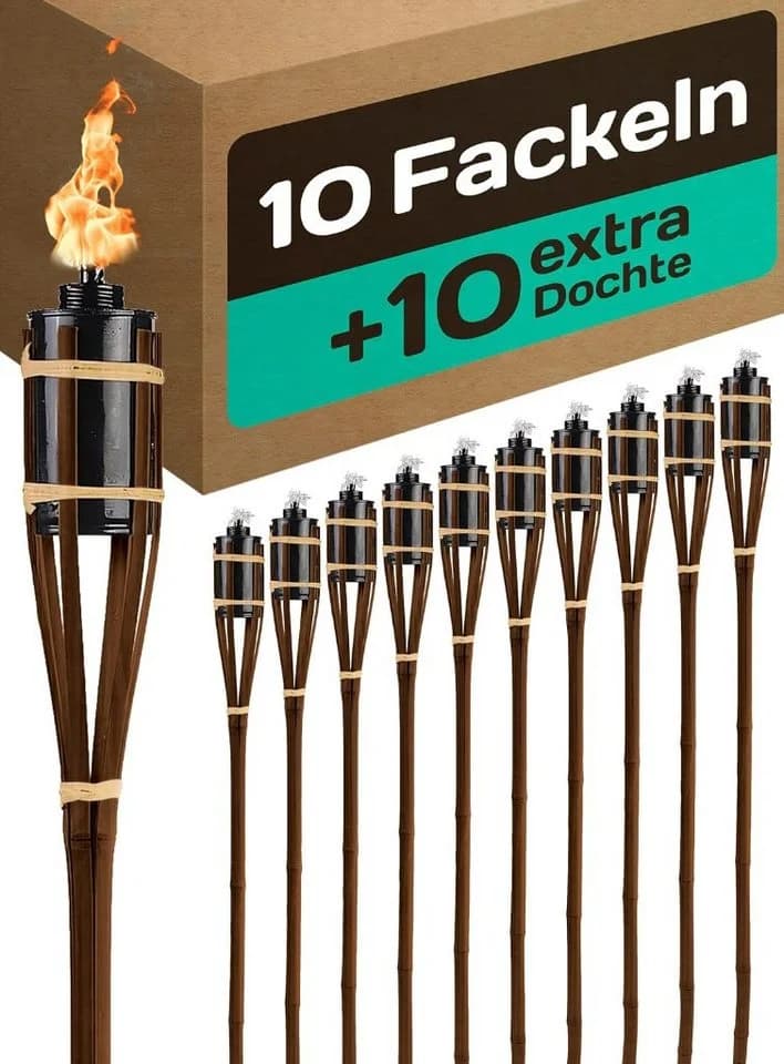 Praknu Gartenfackel 10er Set Bambus 90cm Wetterfest
