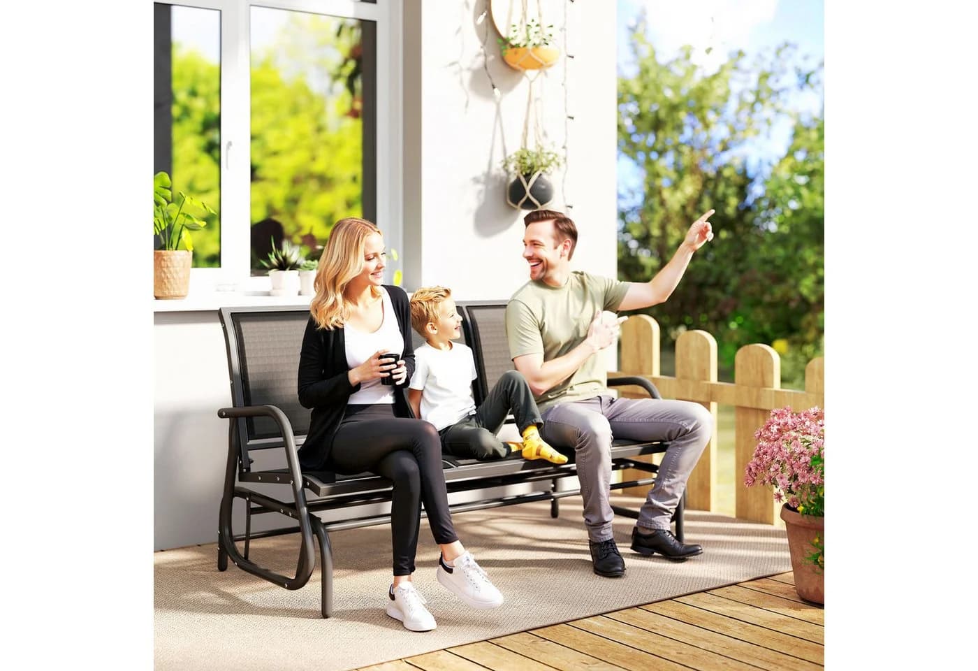 Outsunny Gartenbank mit Schaukelmechanismus, 3-Sitzer, Schwarz - Bild 2