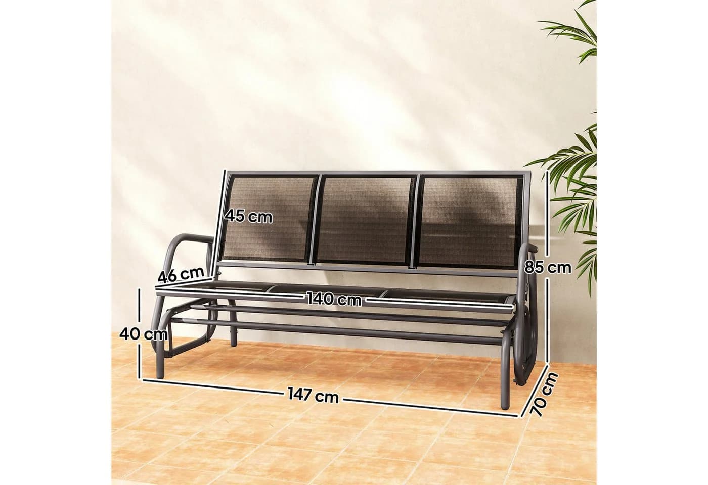 Outsunny Gartenbank mit Schaukelmechanismus, 3-Sitzer, Schwarz - Bild 3