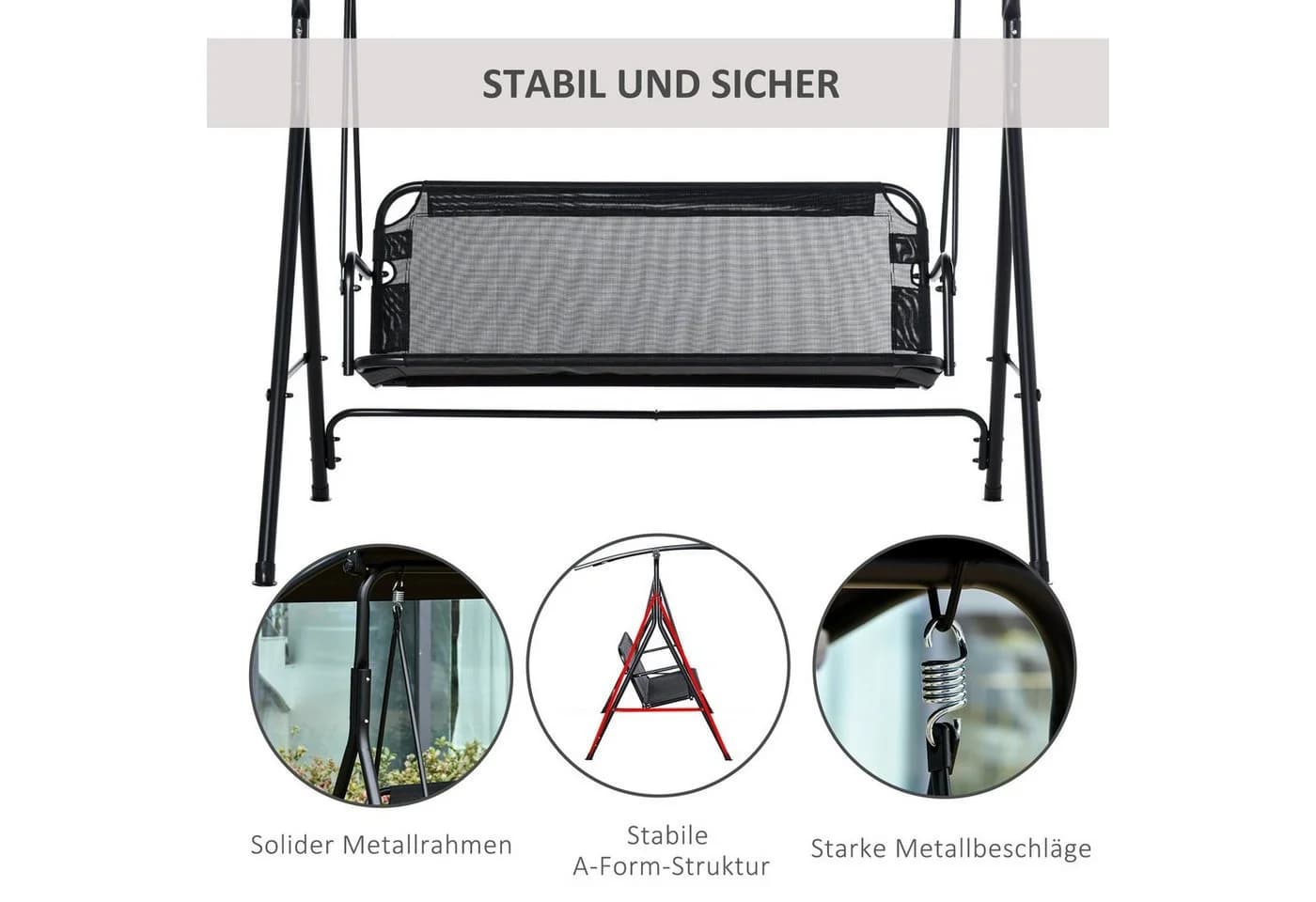 Outsunny Hollywoodschaukel 2-Sitzer Schwarz Verstellbares Sonnendach - Bild 4