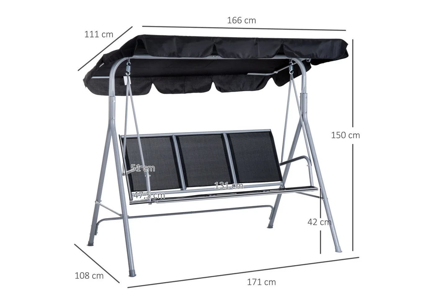 Outsunny Hollywoodschaukel 3-Sitzer mit Sonnendach Schwarz - Bild 3
