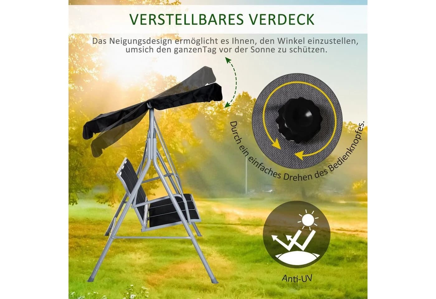 Outsunny Hollywoodschaukel 3-Sitzer mit Sonnendach Schwarz - Bild 4