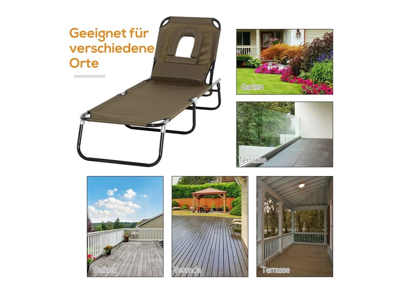 Outsunny Gartenliege mit Gesichtsöffnung klappbar Braun - Bild 5