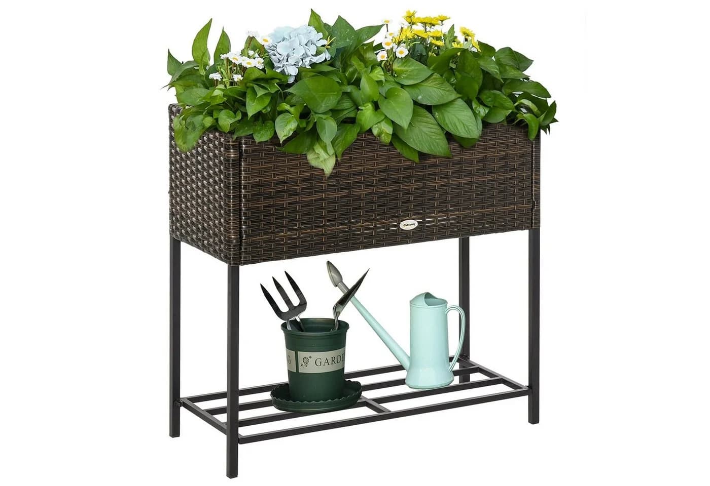 Outsunny Blumenkasten mit Füßen PE-Rattan Metall Braun