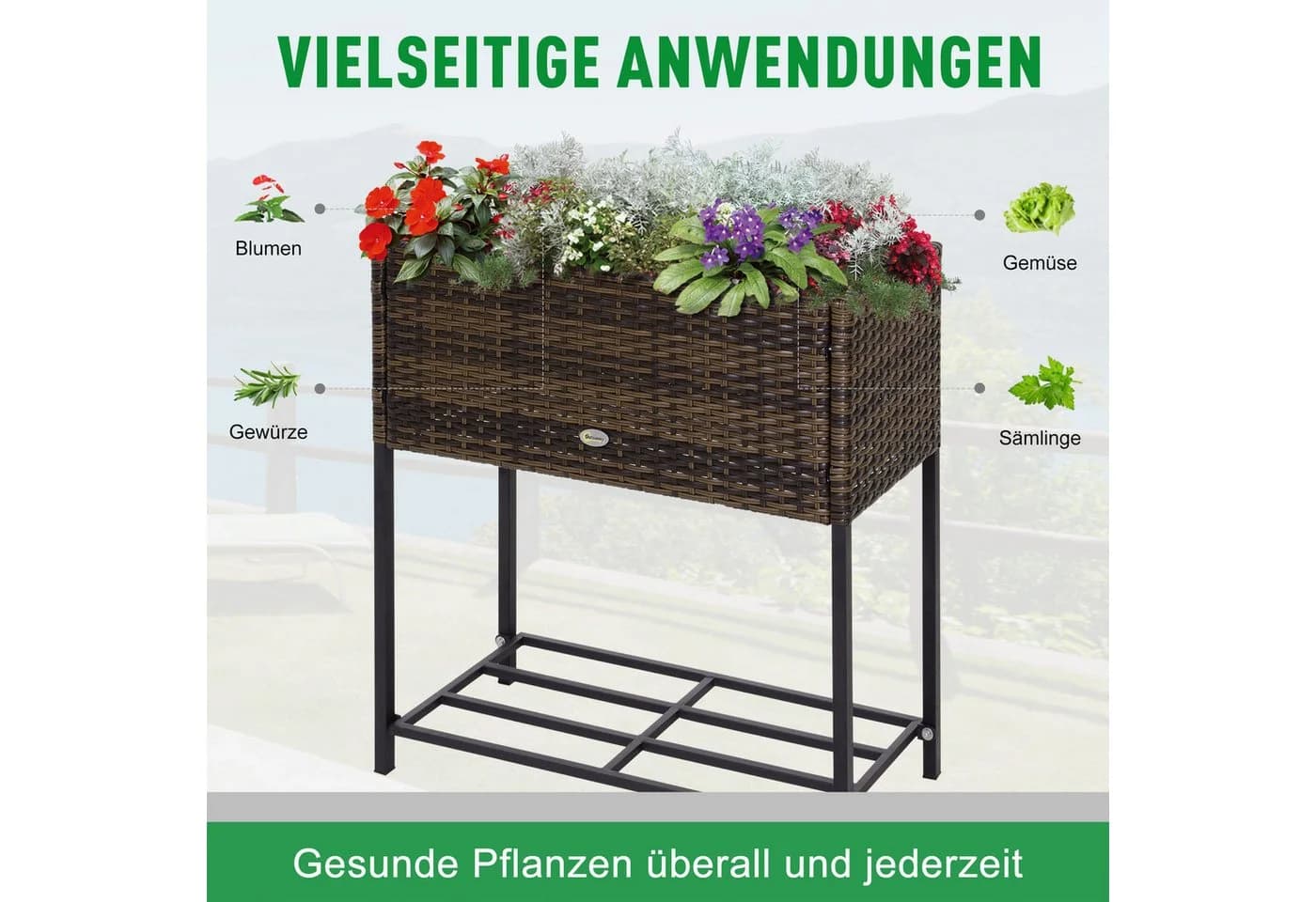 Outsunny Blumenkasten mit Füßen PE-Rattan Metall Braun - Bild 4