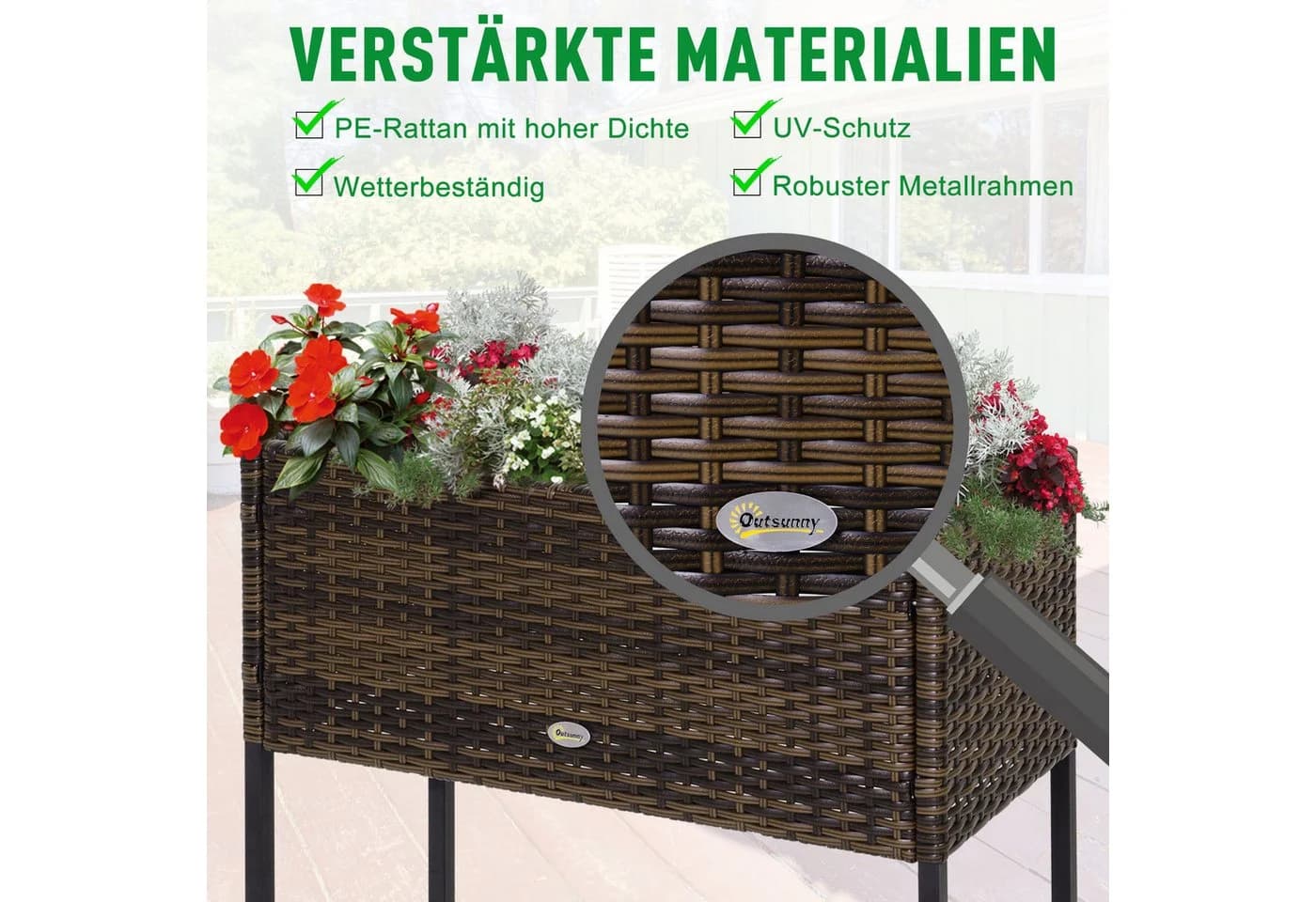 Outsunny Blumenkasten mit Füßen PE-Rattan Metall Braun - Bild 5
