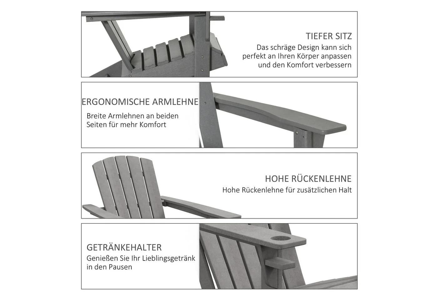 Outsunny Gartenstuhl mit Getränkehalter Grau HDPE - Bild 5
