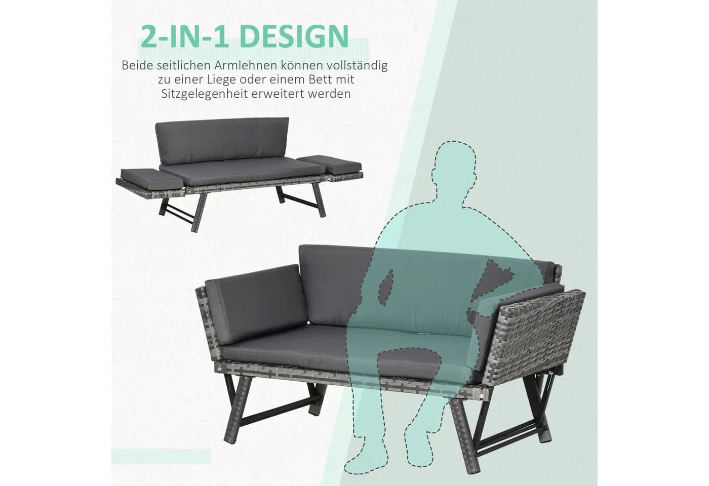 Outsunny Gartensofa 2 Sitzer Grau Polyrattan Klappbar - Bild 4