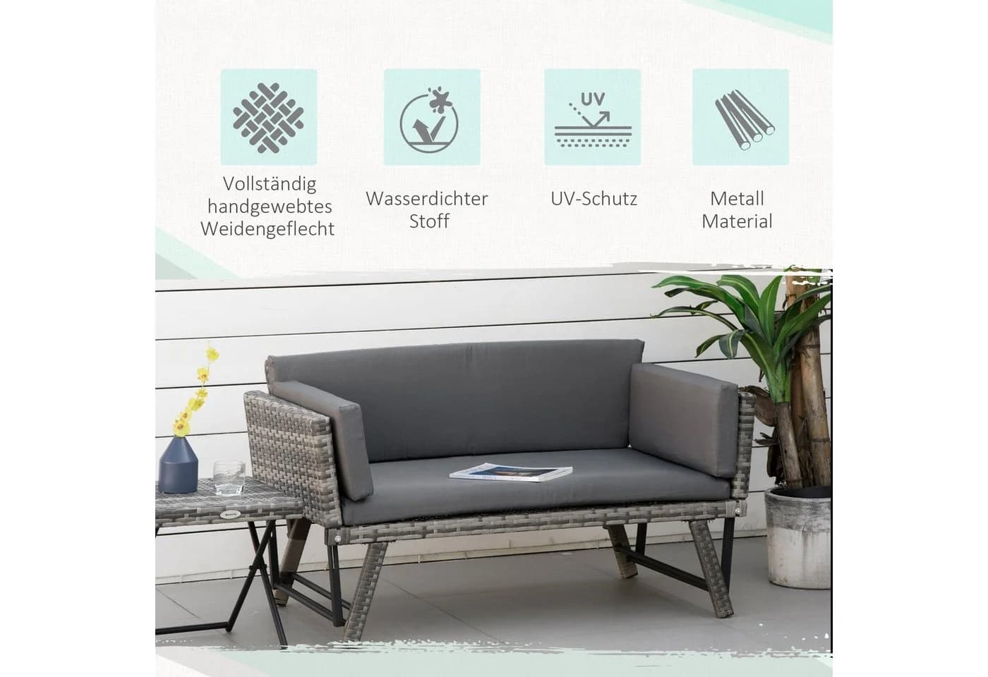 Outsunny Gartensofa 2 Sitzer Grau Polyrattan Klappbar - Bild 5