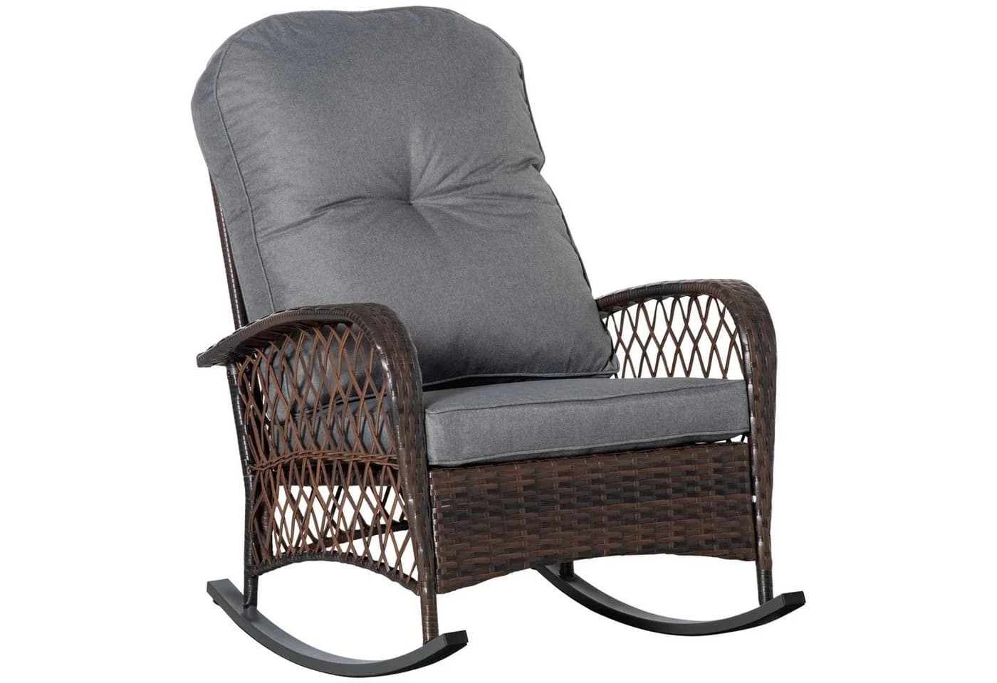 Outsunny Schaukelstuhl Braun Grau Poly Rattan mit Kissen