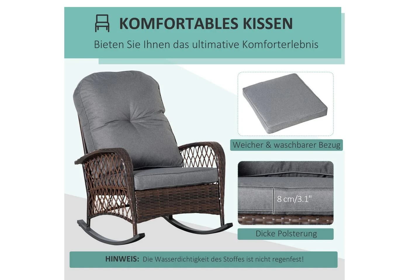 Outsunny Schaukelstuhl Braun Grau Poly Rattan mit Kissen - Bild 5