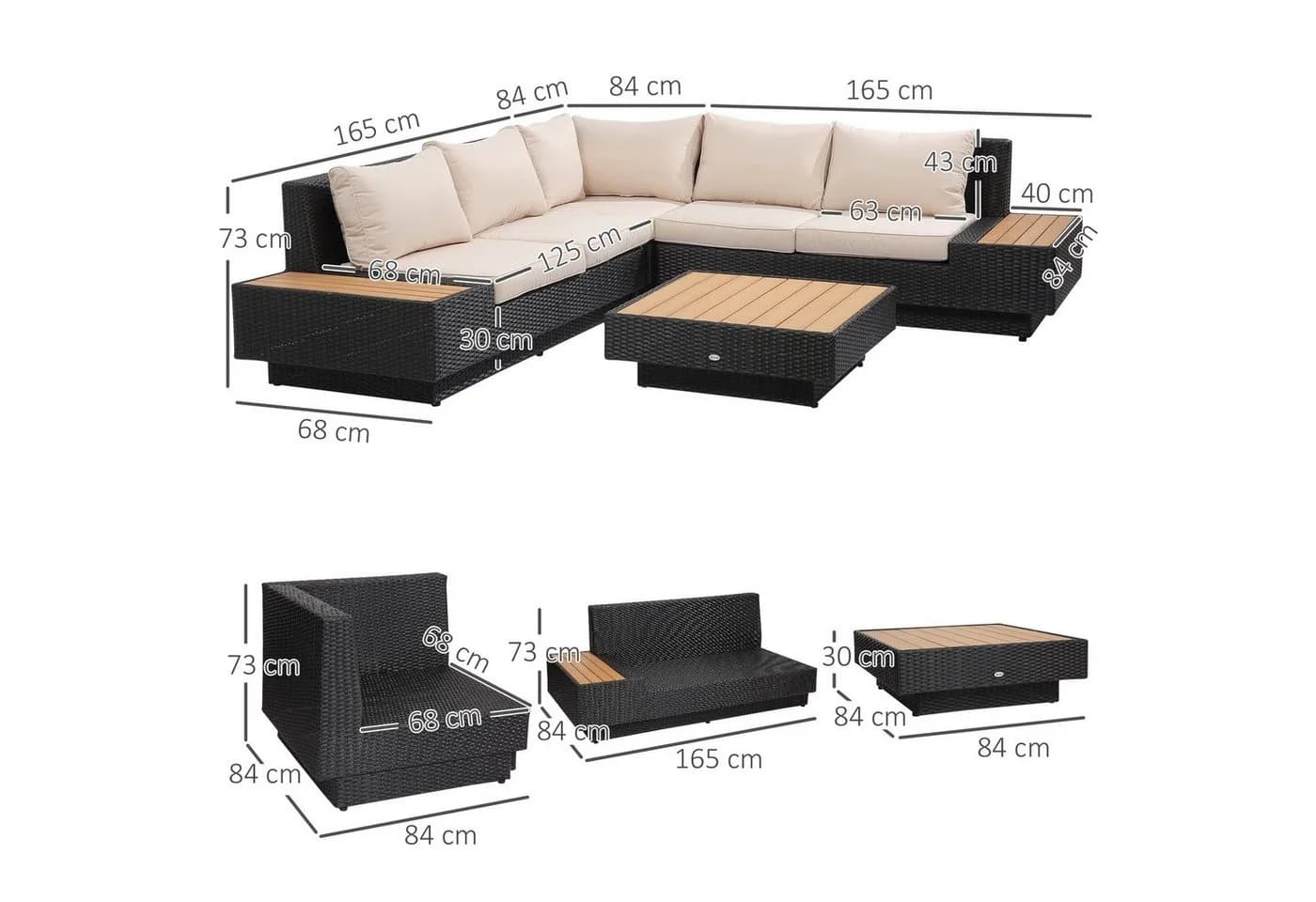 Outsunny Sitzgruppe Gartengarnitur Schwarz Polyrattan - Bild 3