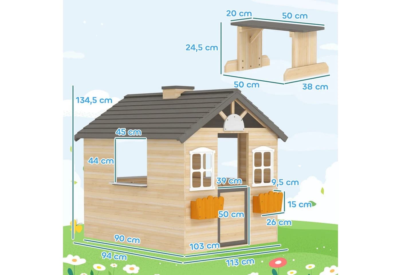 Outsunny Kinderspielhaus mit Sitzbank, Blumentöpfen und Spitzdach - Bild 3