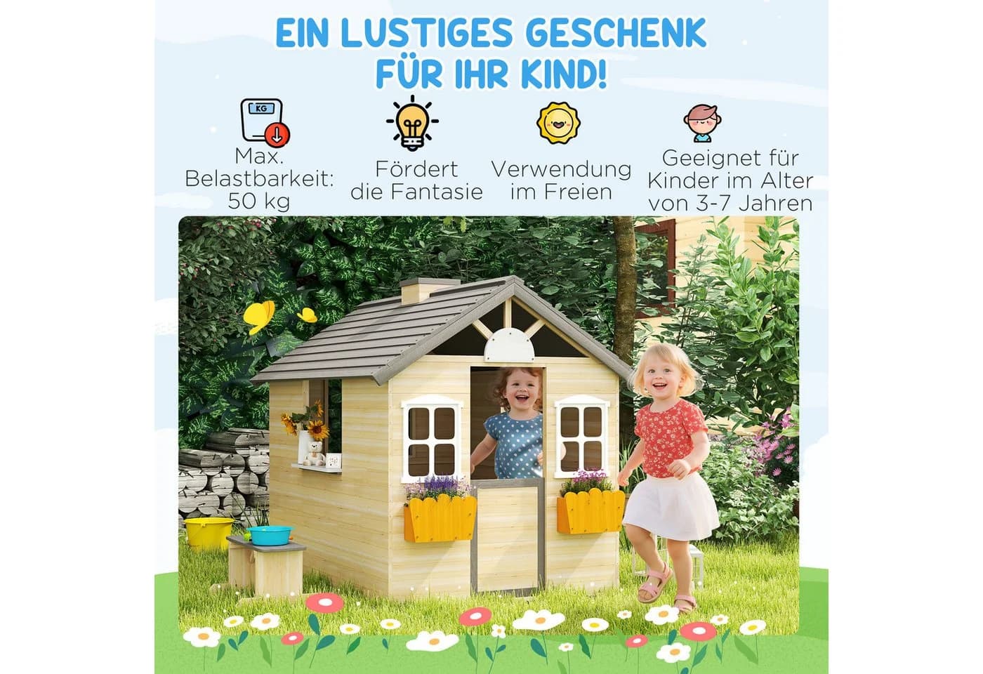 Outsunny Kinderspielhaus mit Sitzbank, Blumentöpfen und Spitzdach - Bild 4