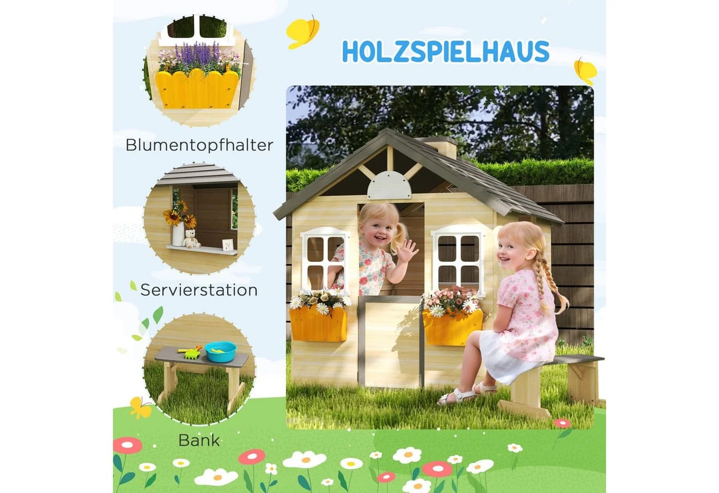 Outsunny Kinderspielhaus mit Sitzbank, Blumentöpfen und Spitzdach - Bild 5