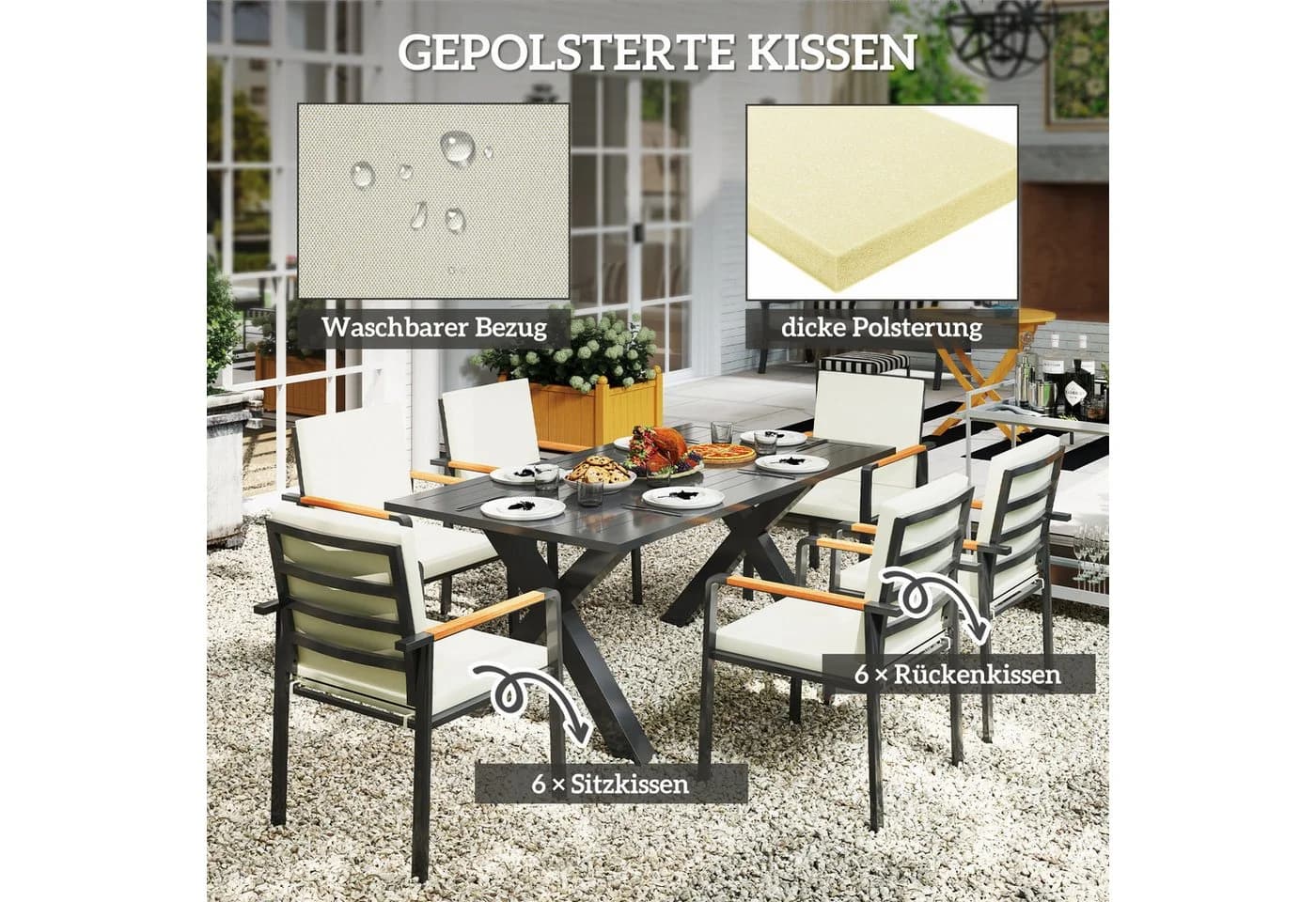 Outsunny Garten-Essgruppe 7-tlg. Grau Aluminium mit wasserabweisenden Kissen - Bild 4