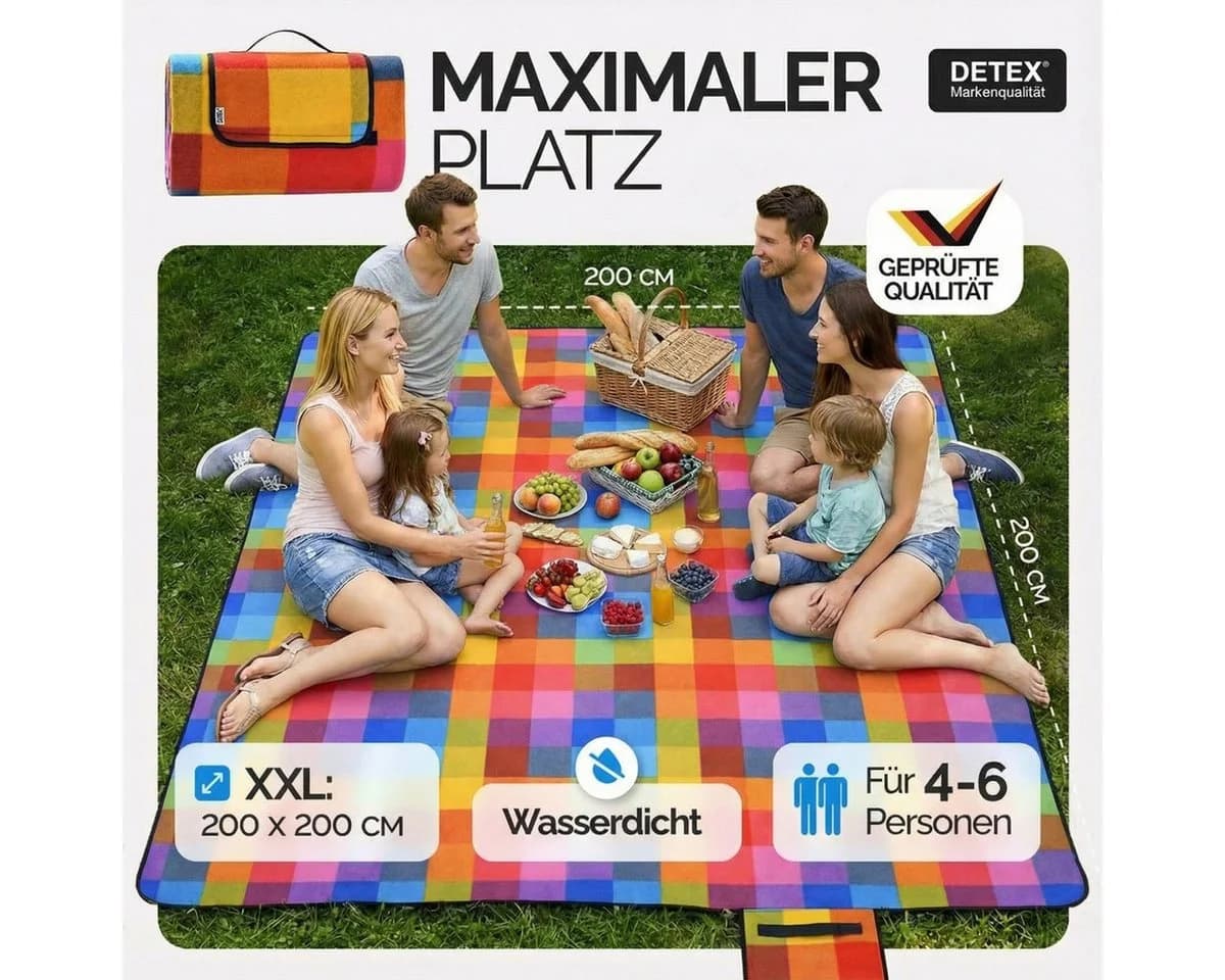 Detex Picknickdecke XXL Wasserdicht Wärmeisoliert Bunt Pixel