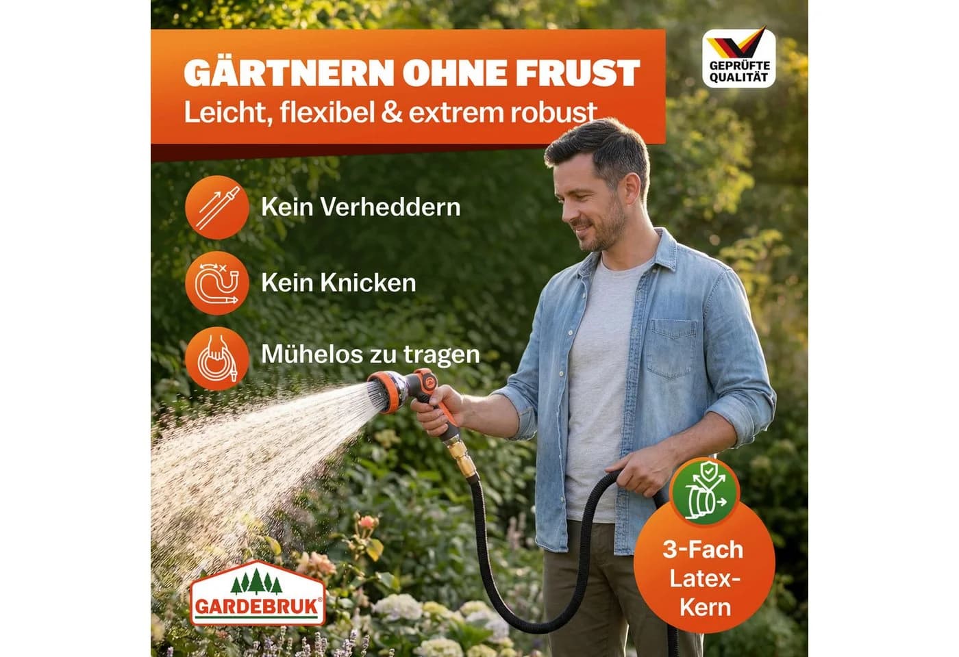 Gardebruk Bewässerungsschlauch Schwarz 7,5m mit Messing-Adapter
