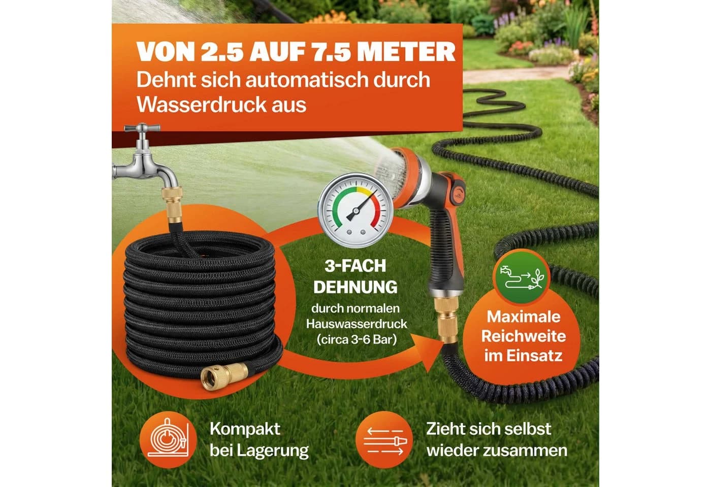 Gardebruk Bewässerungsschlauch Schwarz 7,5m mit Messing-Adapter - Bild 5