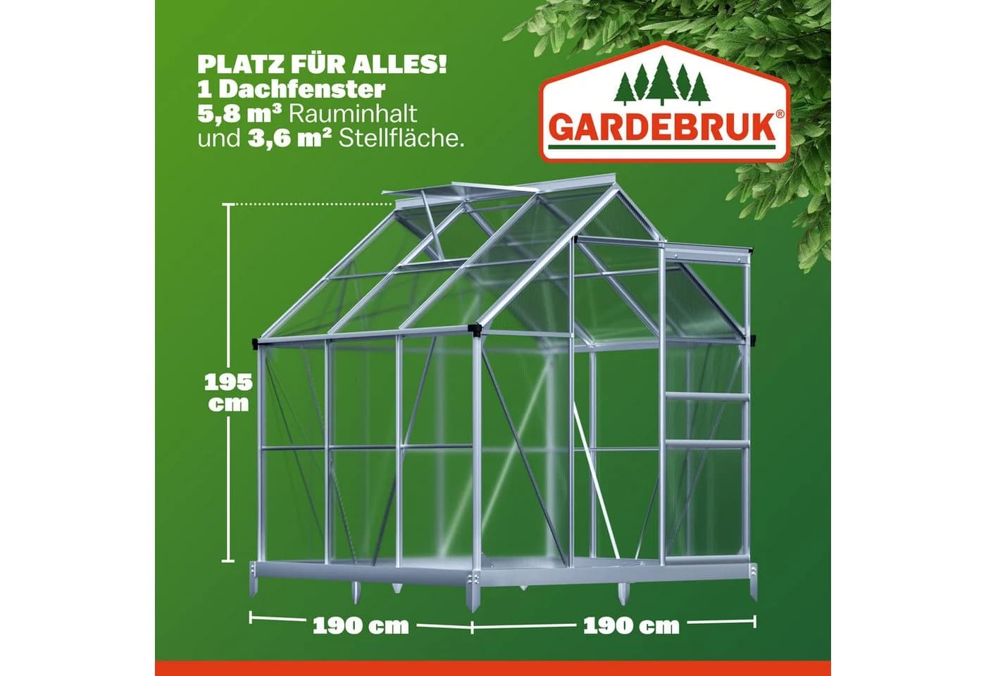Gardebruk Gewächshaus Aluminium 3,6m² mit Fundament & Dachfenster - Bild 3