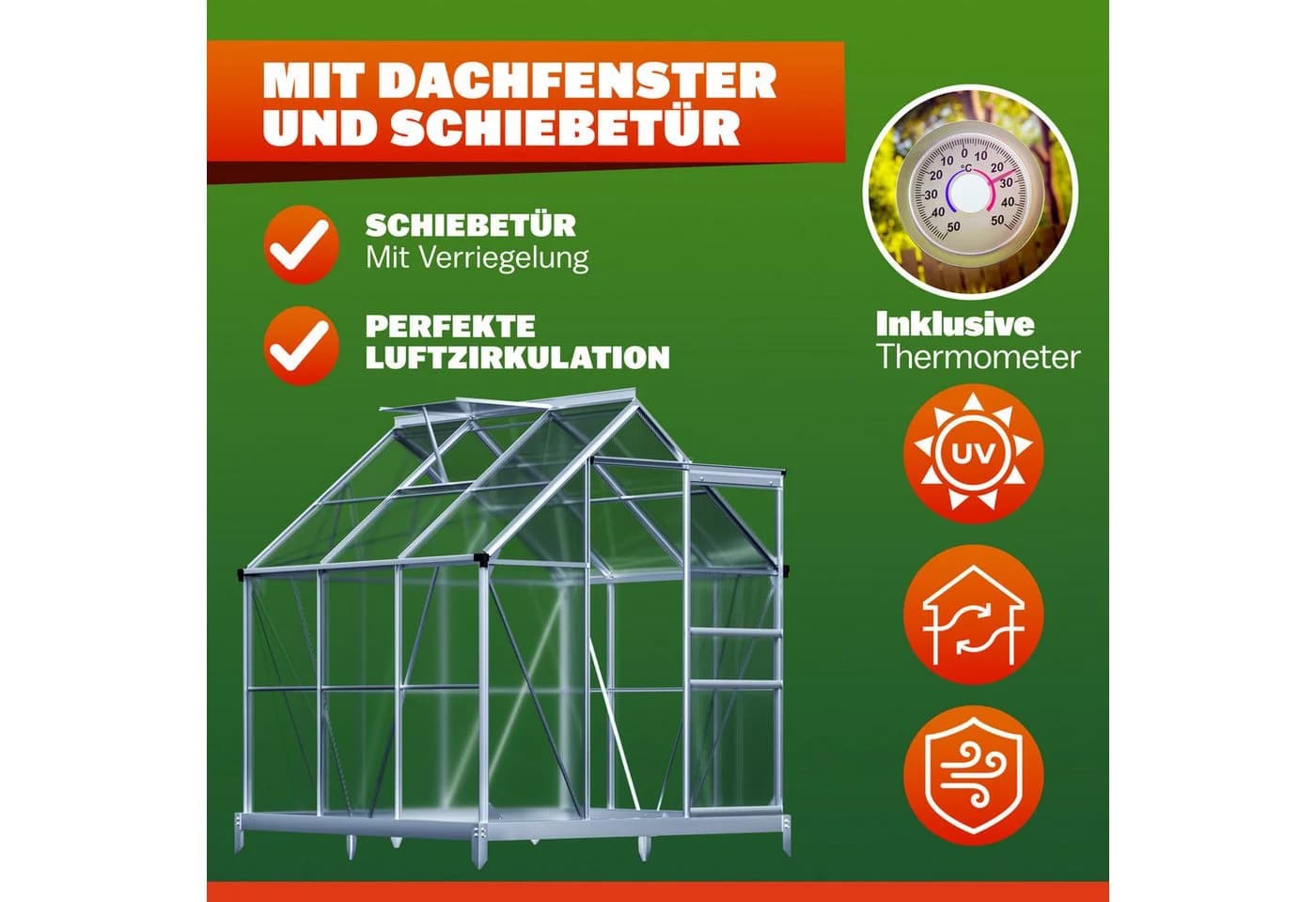 Gardebruk Gewächshaus Aluminium 3,6m² mit Fundament & Dachfenster - Bild 5