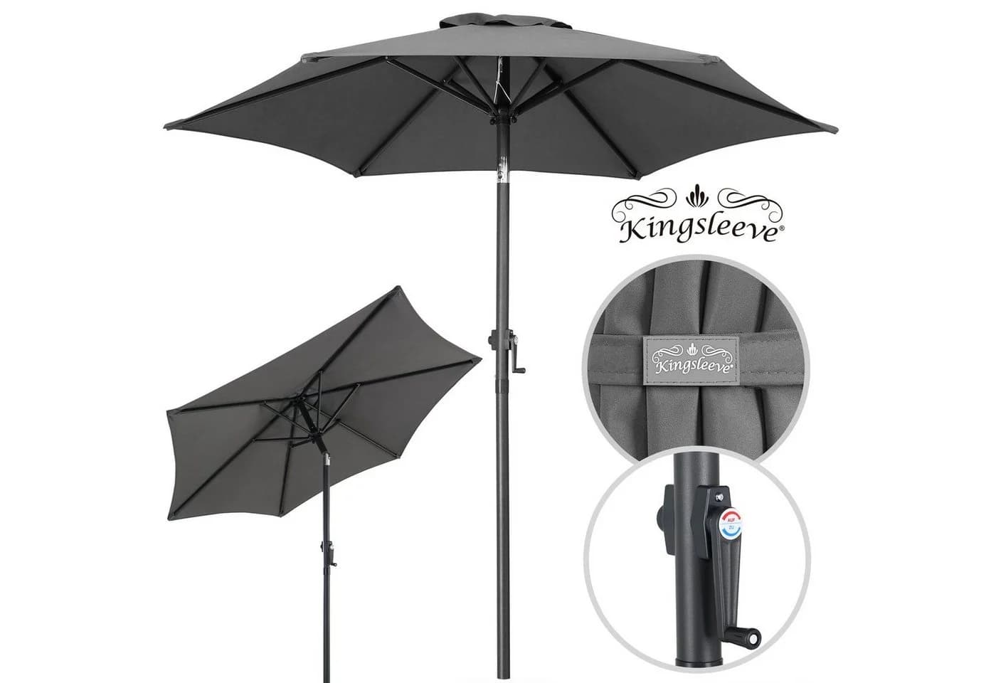 Kingsleeve Sonnenschirm Anthrazit 200 cm Aluminium Kurbel - Bild 3