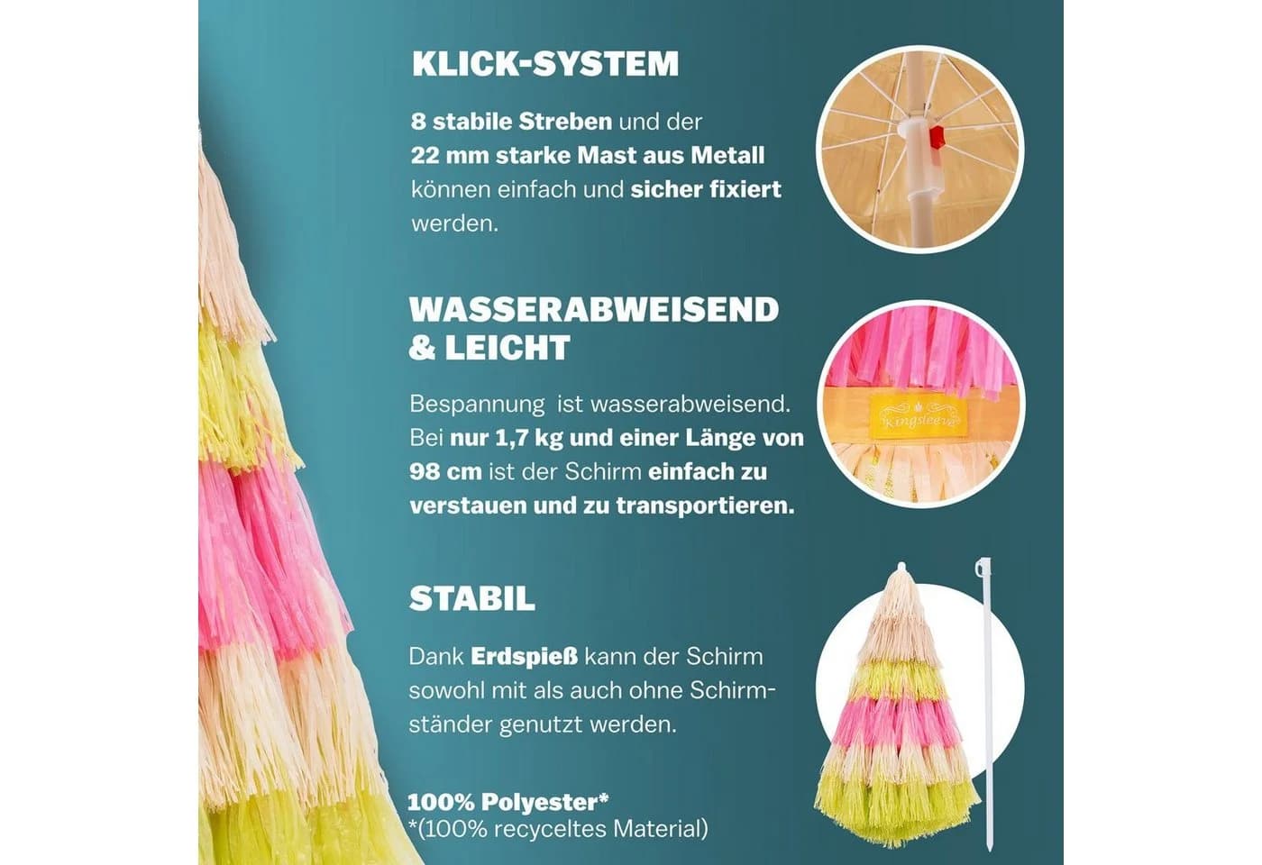 Kingsleeve Sonnenschirm Hawaii Bunt Neigbar Höhenverstellbar - Bild 4
