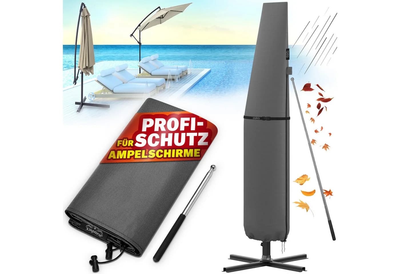 Kingsleeve Sonnenschirm-Schutzhülle Grau für Ampelschirme bis 350 cm - Bild 2
