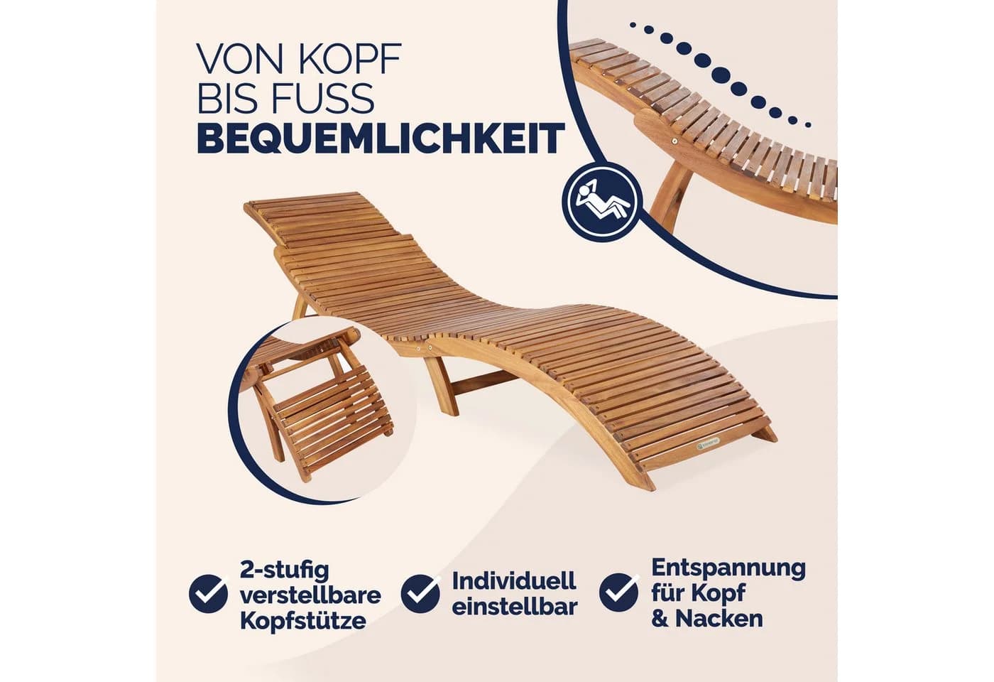 Casaria Gartenliege Braun Holz Gartenliege FSC®-zertifiziert 320kg Belastbar Garten Akazie - Bild 3
