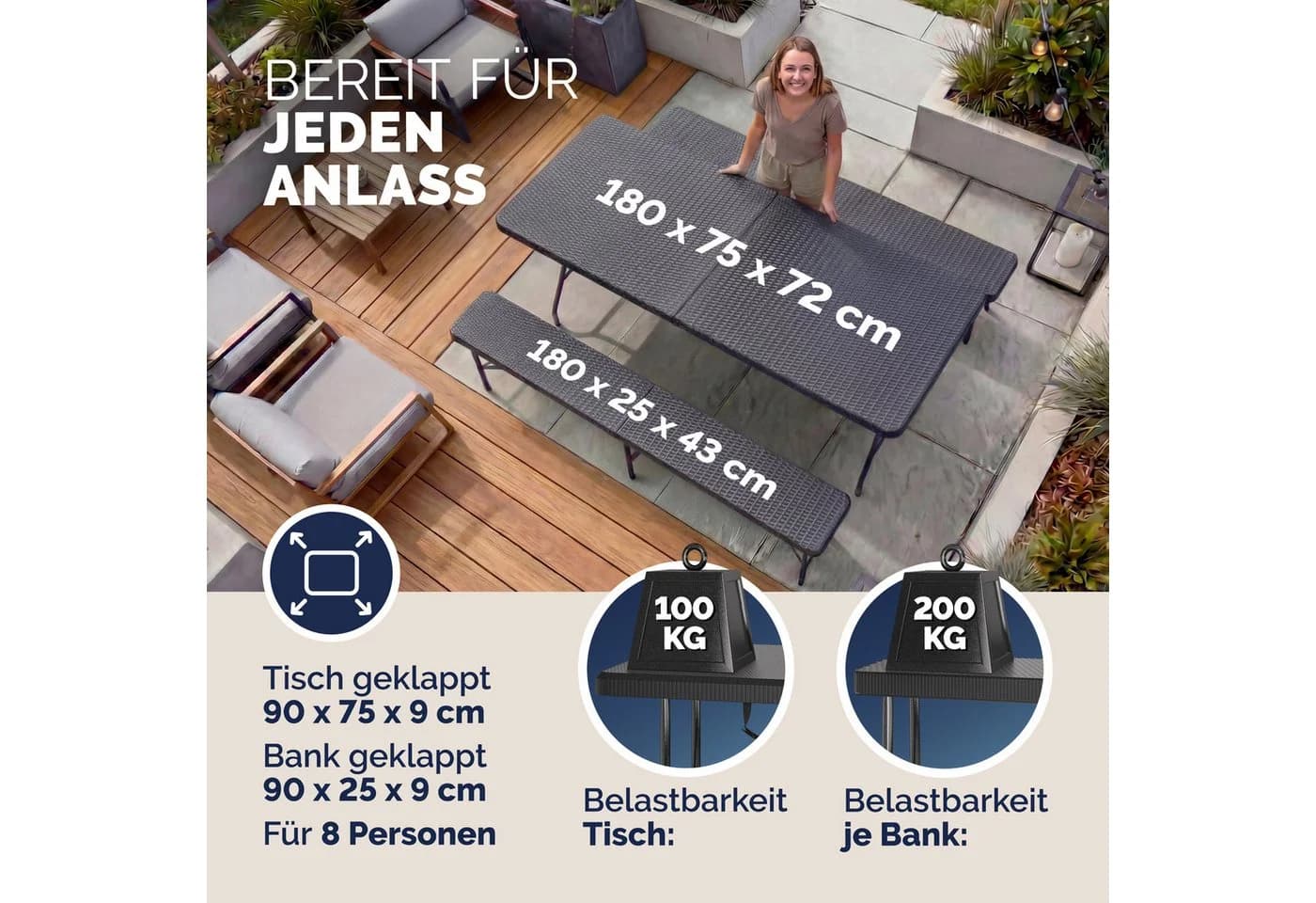 Casaria Bierzeltgarnitur Malmö 3-tlg. Klappbar Rattan Optik Kunststoff 2x Bierbank 1x Breiter Tisch