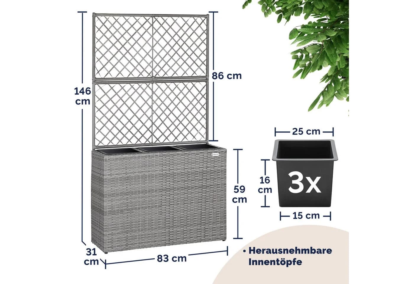 Casaria Blumenkasten mit Rankgitter 3 Innentöpfe Polyrattangeflecht - Bild 3