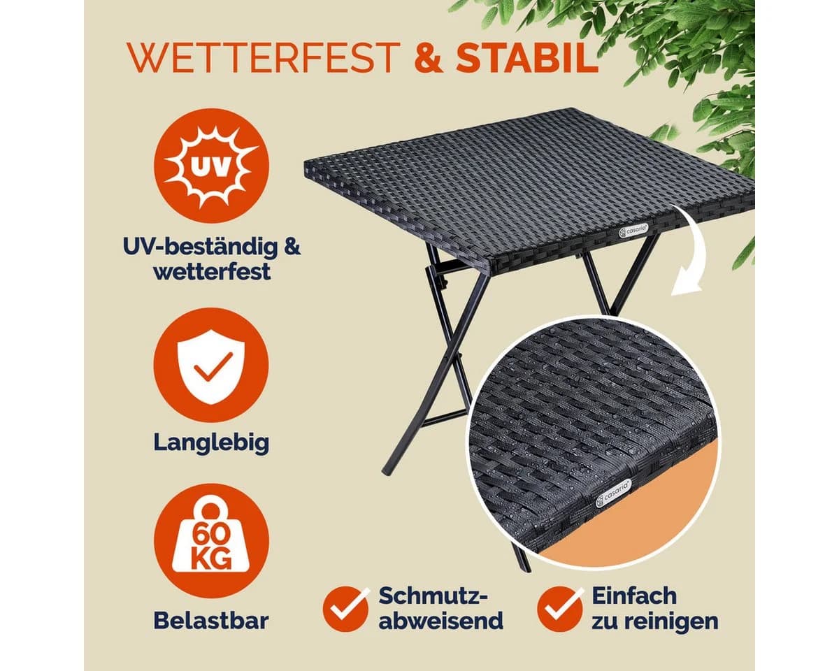 Casaria Klapptisch Rom Schwarz Polyrattan Klappbar Tragbar