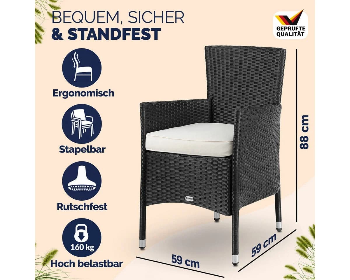 Casaria Gartenstuhl 2er Set Stapelbar Polyrattan mit Auflagen