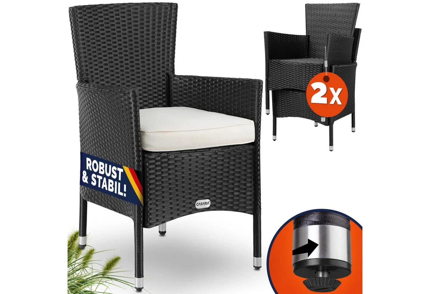 Casaria Gartenstuhl 2er Set Stapelbar Polyrattan mit Auflagen - Bild 2