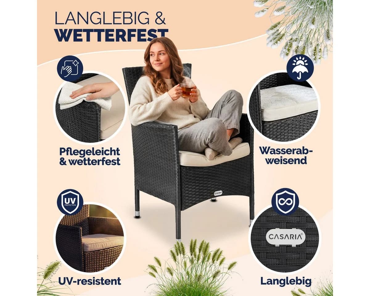 Casaria Gartenstuhl 2er Set Stapelbar Polyrattan mit Auflagen - Bild 3