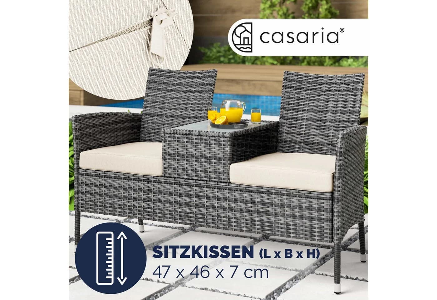 Casaria Gartenbank Grau mit Tisch und Auflagen Polyrattan - Bild 3