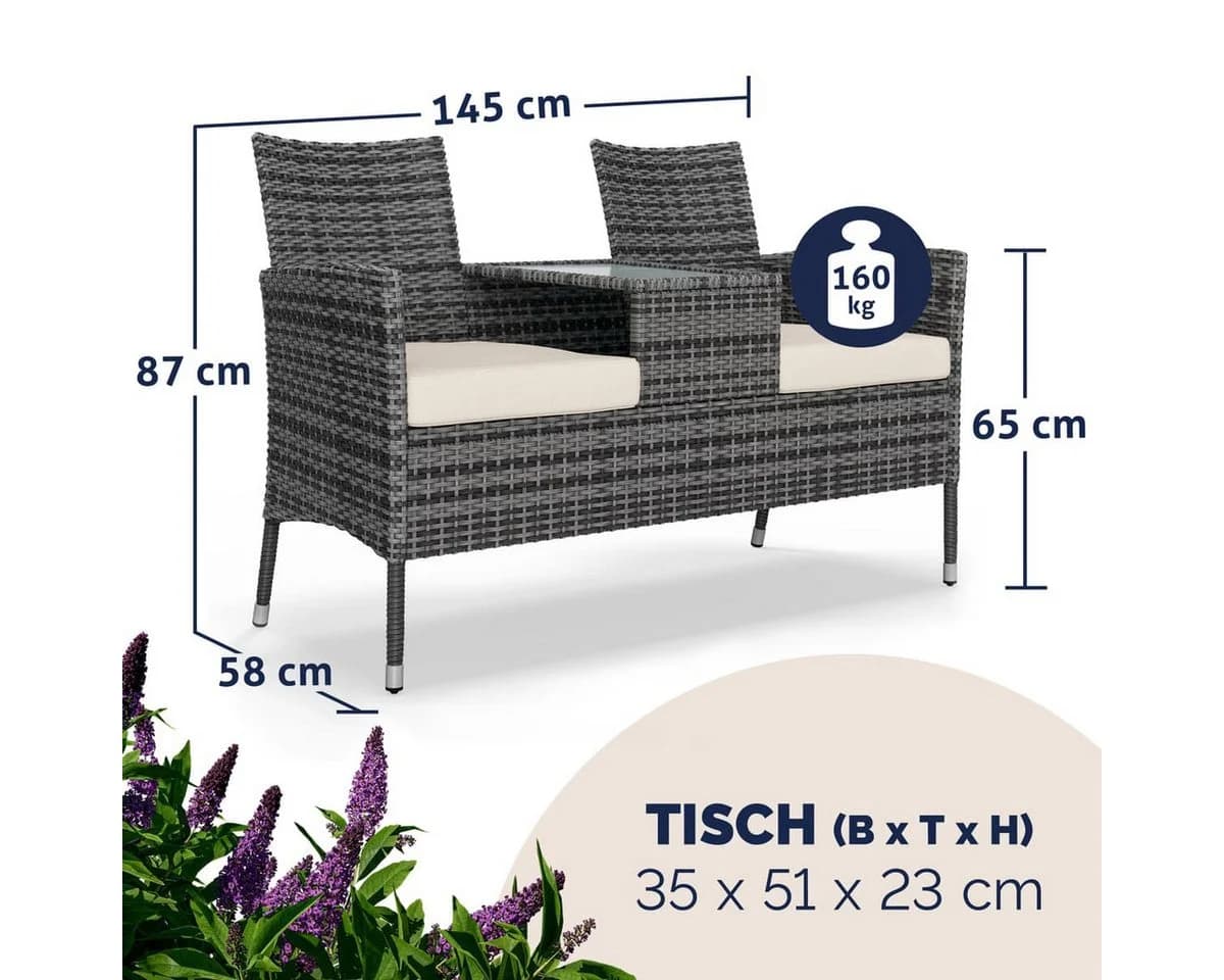 Casaria Gartenbank Grau mit Tisch und Auflagen Polyrattan - Bild 5