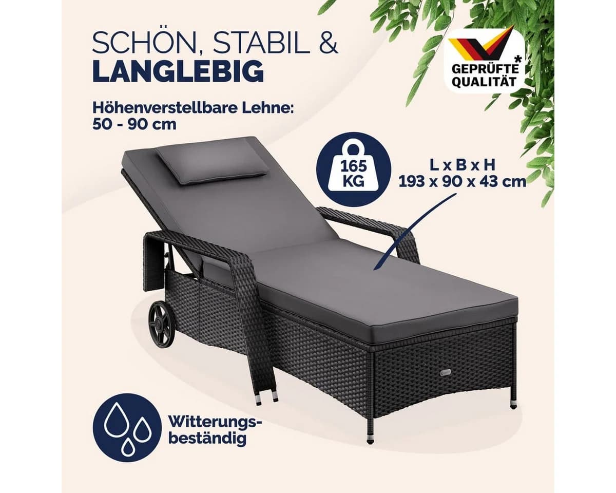 Casaria Gartenliege Polyrattan mit Rollen 5-fach verstellbar