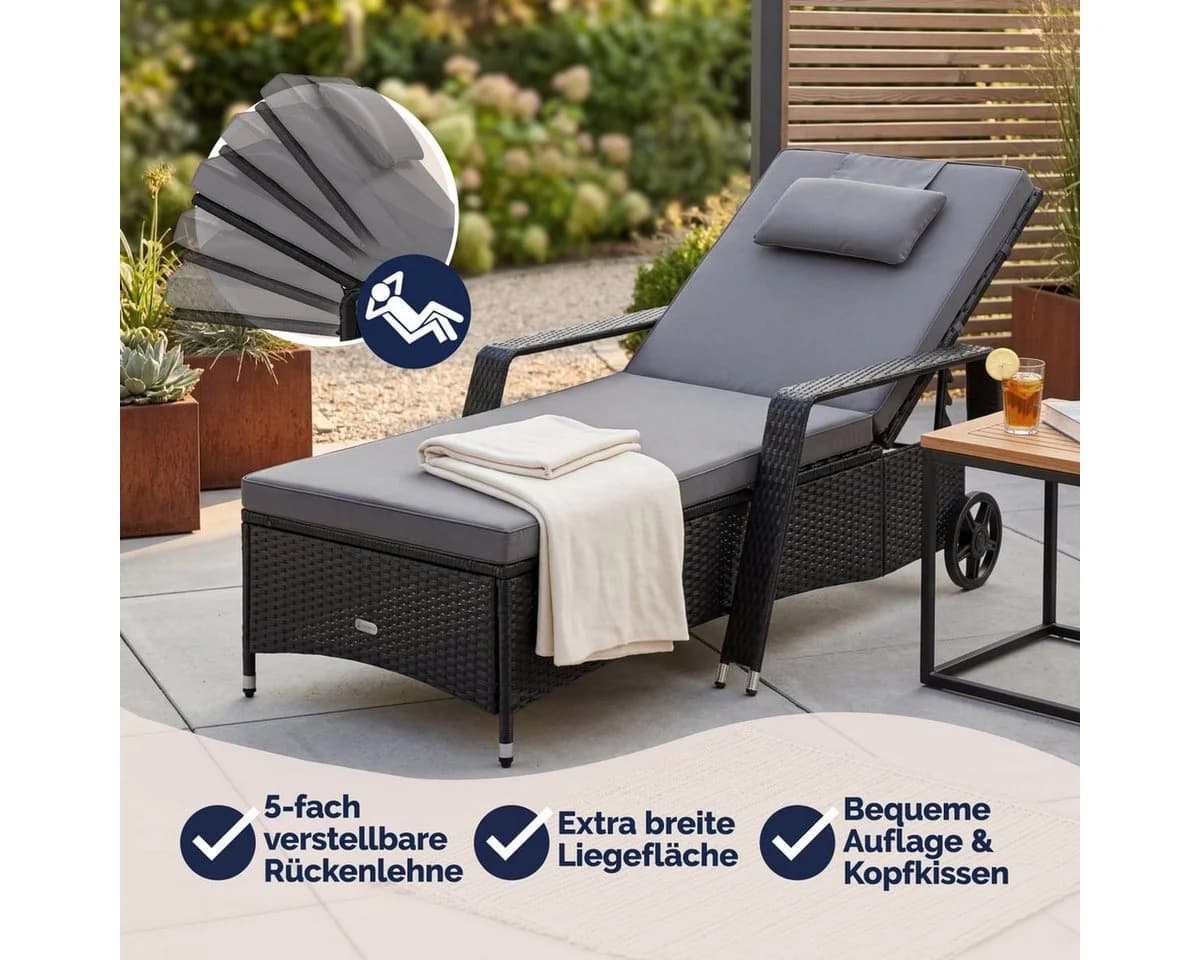Casaria Gartenliege Polyrattan mit Rollen 5-fach verstellbar - Bild 3