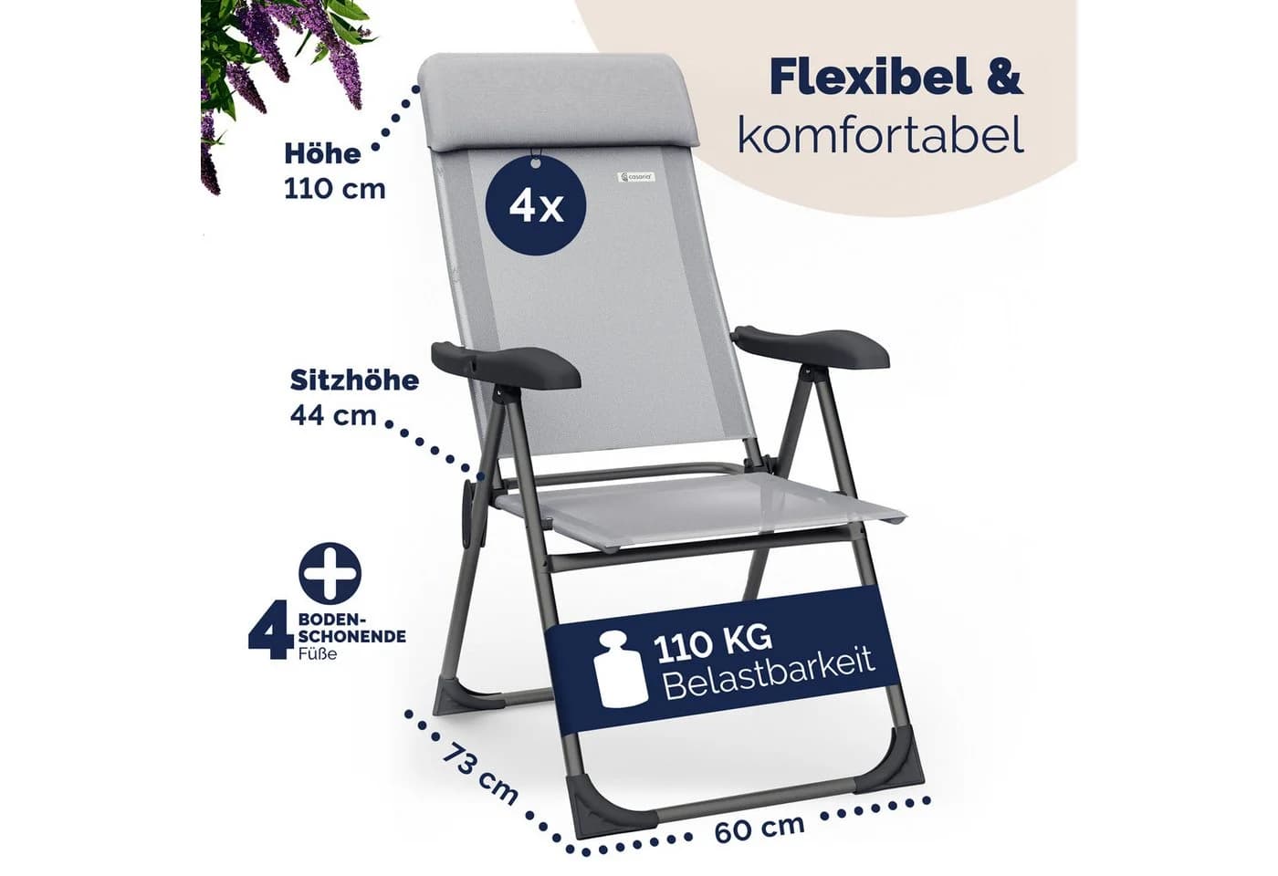 Casaria Gartenstuhl Klappbar 4er Set 7-fach Verstellbar Alu Grau - Bild 3