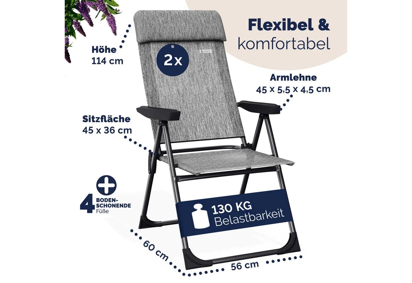 Casaria Gartenstuhl Klappbar 2er Set Aluminium Verstellbare Rückenlehne Grau - Bild 3