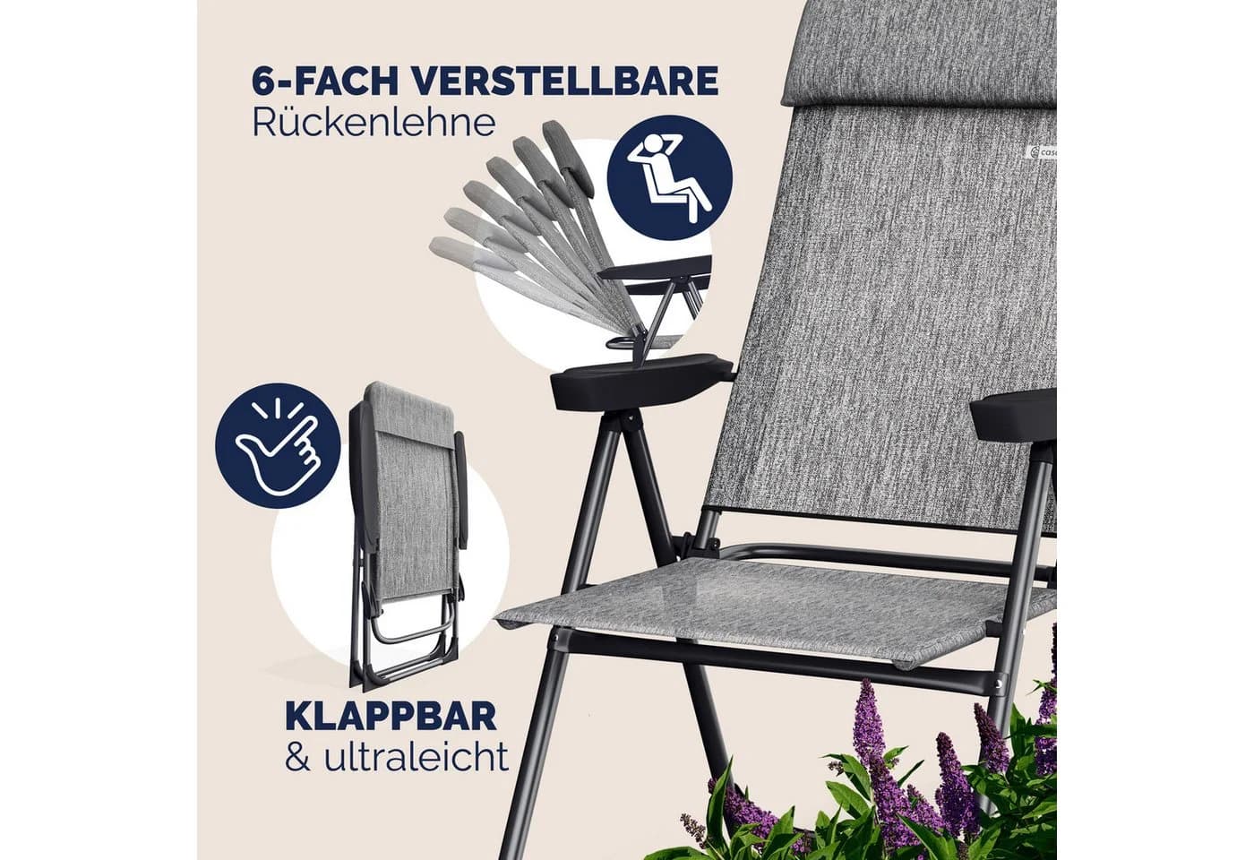 Casaria Gartenstuhl Klappbar 2er Set Aluminium Verstellbare Rückenlehne Grau - Bild 4