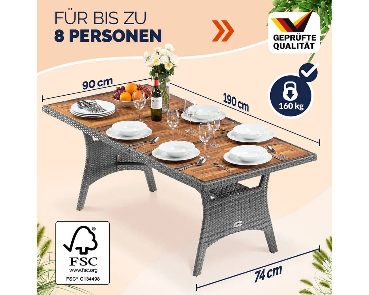 Casaria Gartentisch Polyrattan mit Ablage FSC-Akazie