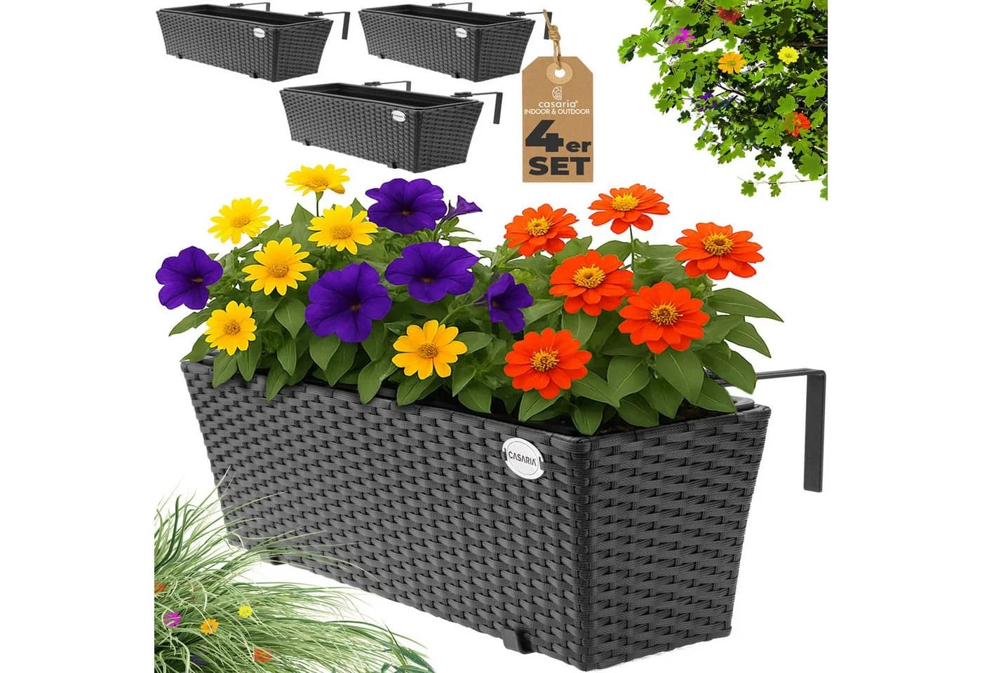 Casaria Blumenkasten 4er Set 11L Polyrattan mit Halterung - Bild 2