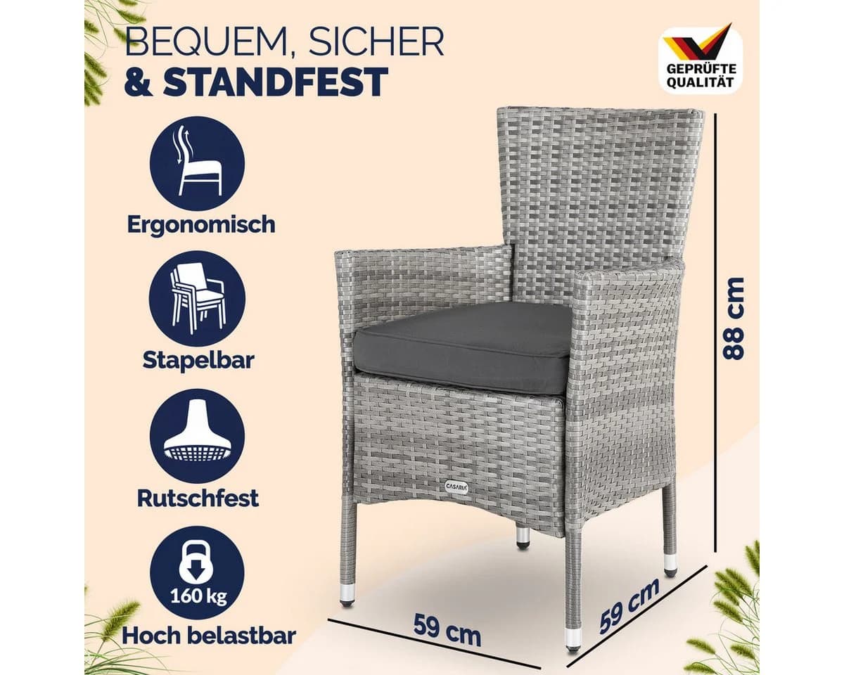 Casaria Gartenstuhl 4er Set Grau Polyrattan Stapelbar
