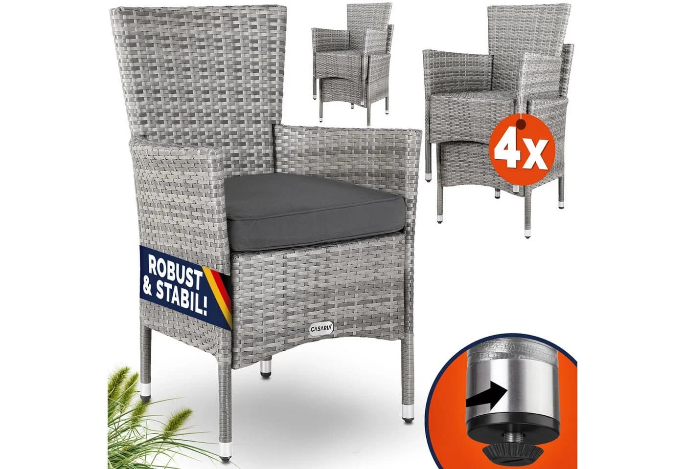 Casaria Gartenstuhl 4er Set Grau Polyrattan Stapelbar - Bild 2