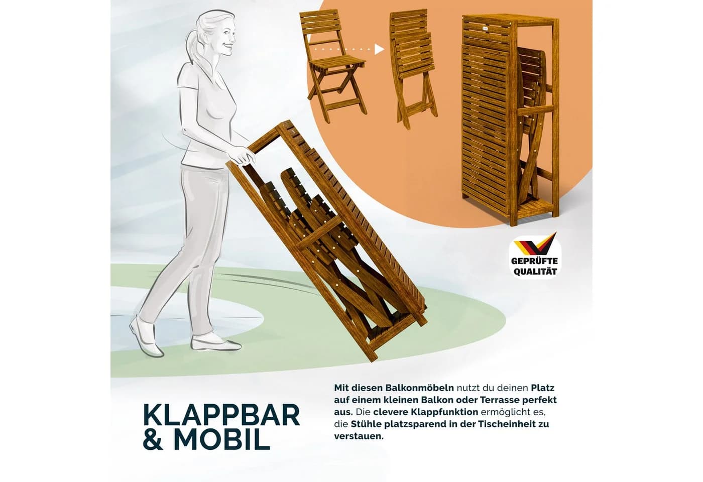 Casaria Balkonset 2 Personen Wetterfest Klappbar Holz 160kg Belastbarkeit FSC - Bild 3