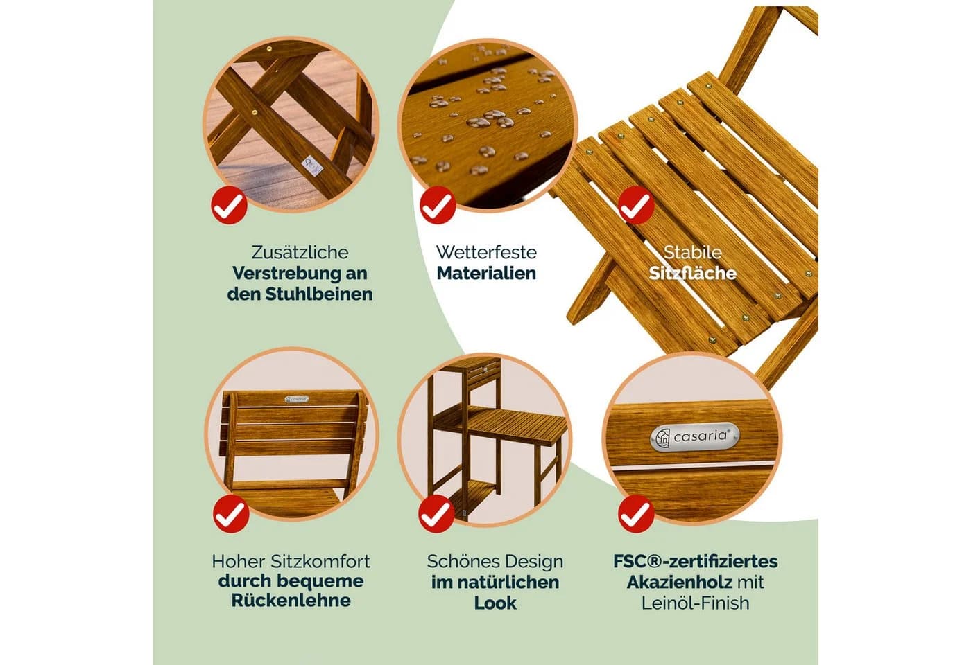 Casaria Balkonset 2 Personen Wetterfest Klappbar Holz 160kg Belastbarkeit FSC - Bild 5