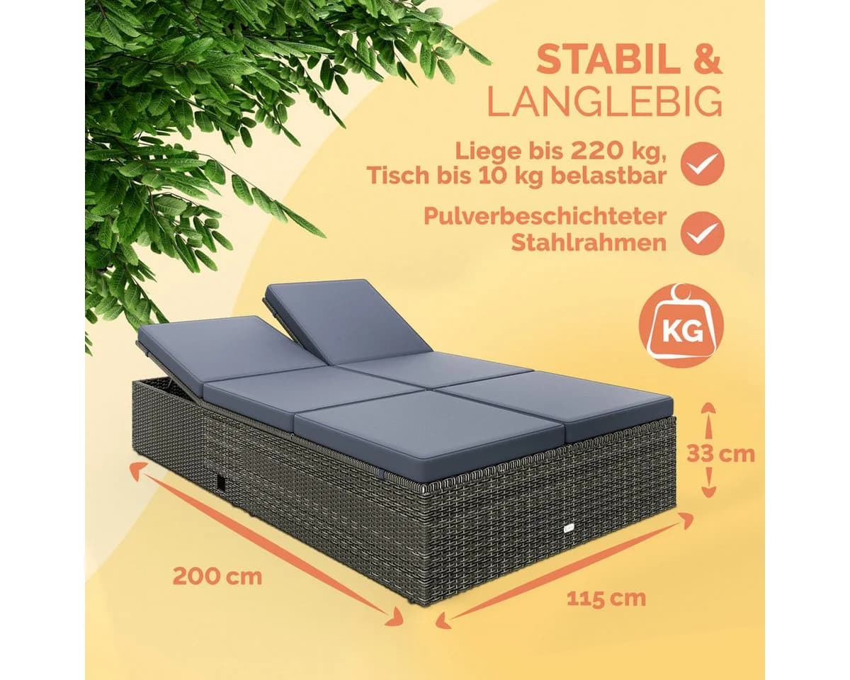 Casaria Gartenliege Doppelliege Klapptisch Wetterfest 7-fach Höhenverstellbar Liegestuhl - Bild 3