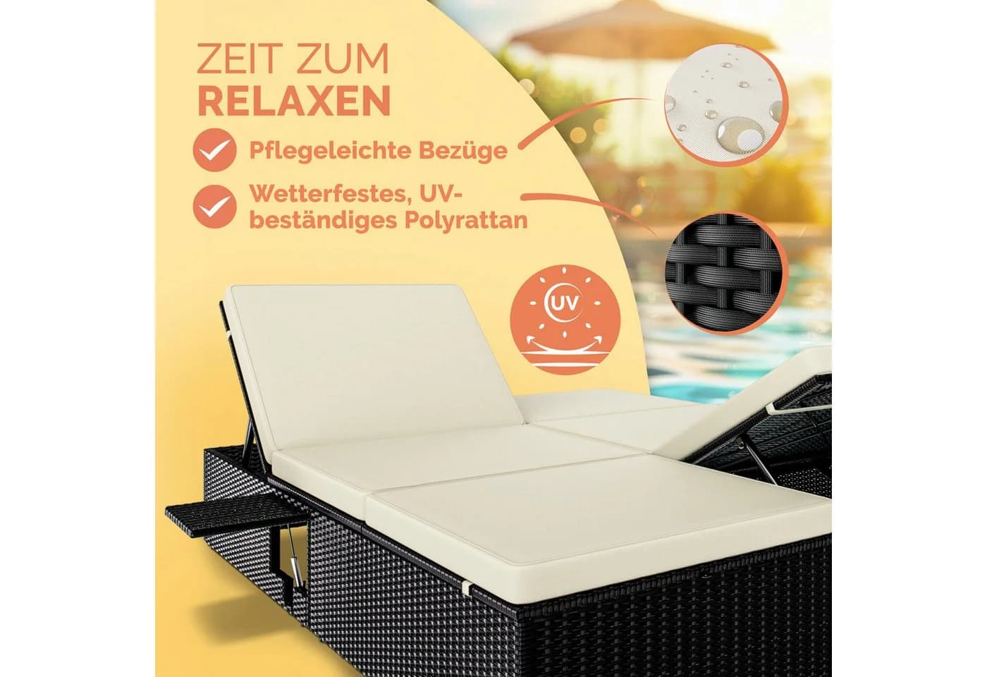 Casaria Gartenliege Doppelliege Schwarz/Grau Wetterfest 7-fach Verstellbar